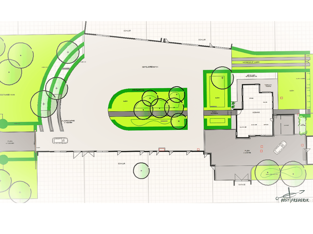 Eigen tuinplan-tekening met beplanting en verhardingen